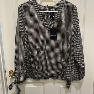 Heyson brand blouse top sz medium m black tan cream gingham bnwt ties
